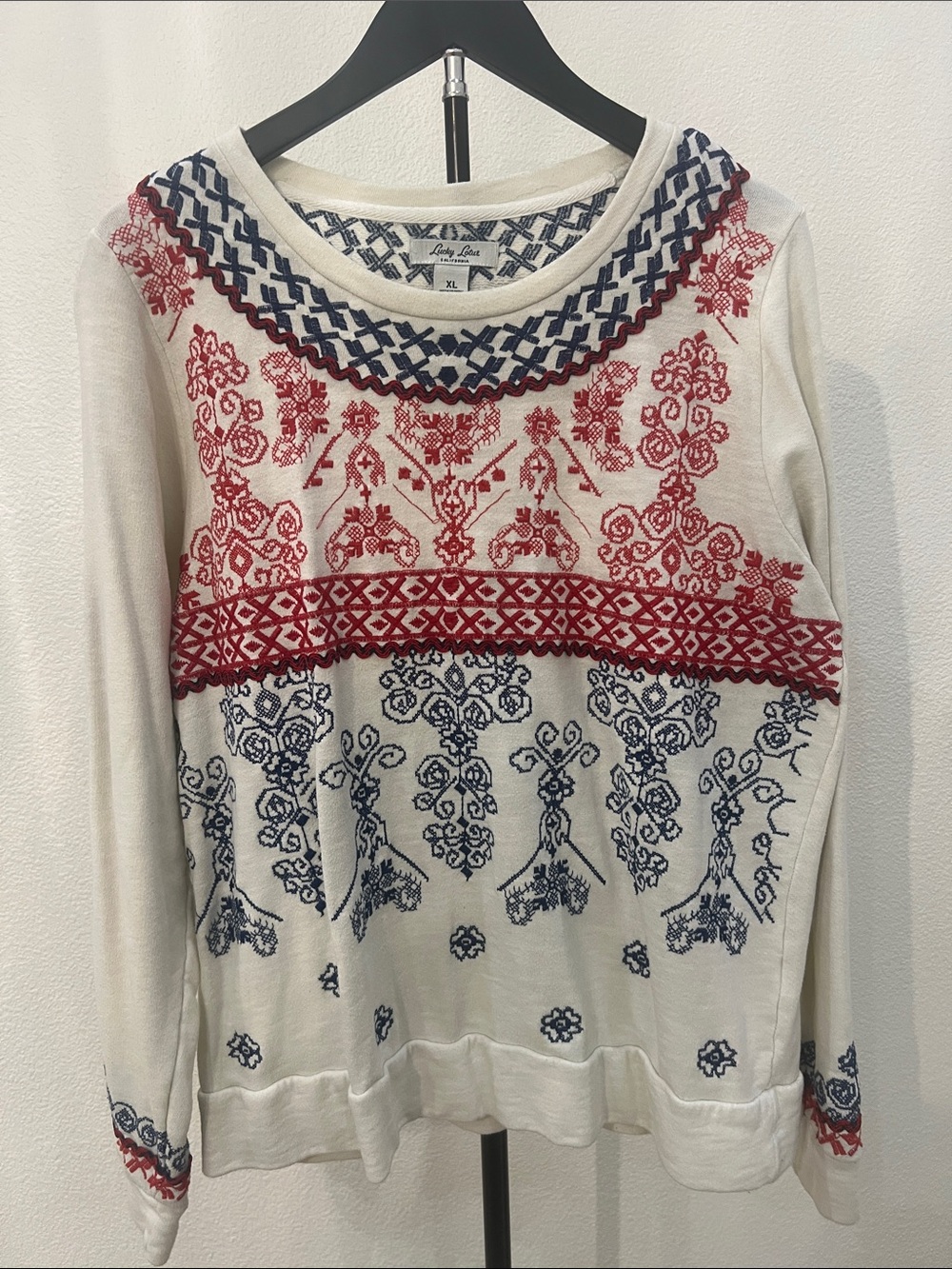 Lucky Lotus for Lucky Brand Cream Sweatshirt with Red & Navy Folk Embroidery